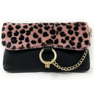 Mini sac pochette tendance femme en cuir italien grainé et cuir à motif animaux porté épaule et de travers ocelot nude