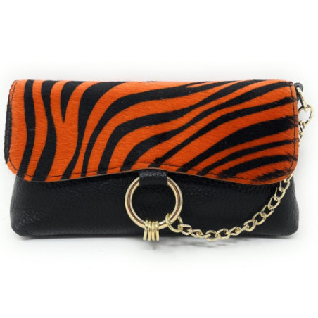 Mini sac pochette femme tendance en cuir italien grainé et poils de vachette à motif porté épaule et bandoulière zèbre orange