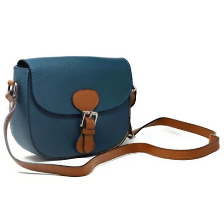Sac bandoulière tendance femme en cuir italien grainé porté épaule avec bandoulière réglable bleu canard sac trotteur