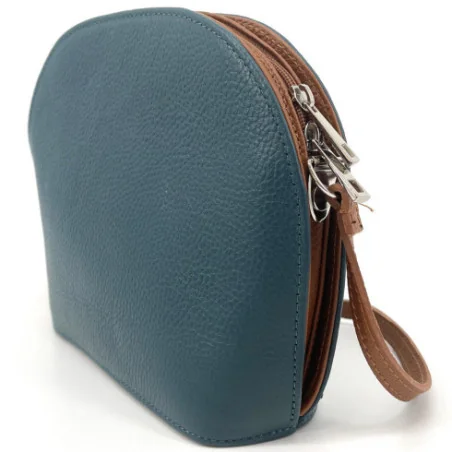 Sac trotteur bandoulière femme tendance en cuir italien grainé porté de travers et épaule bleu canard