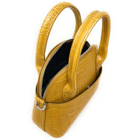 Sac très tendance femme en cuir façon croco porté épaule avec bandoulière amovible jaune moutarde mini sac