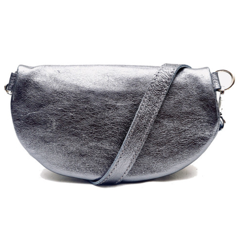 Sac banane tendance femme en cuir italien irisé porté à la taille avec bandoulière amovible gris foncé irisé