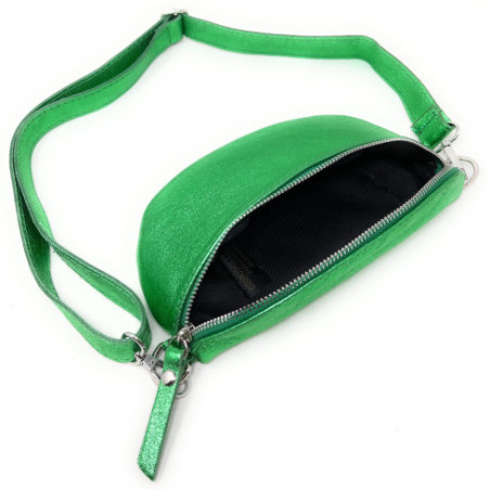 Sac très tendance femme en cuir italien pur cuir de vachette porté de travers et à la taille vert anglais irisé sac banane