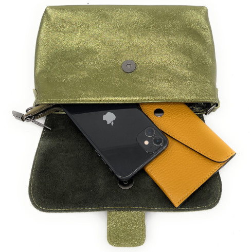 Mini sac bandoulière tendance femme en cuir lisse italien porté bandoulière vert kaki irisé