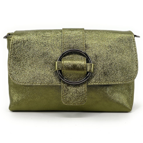 Mini sac à main tendance femme en cuir italien lisse porté épaule vert kaki irisé