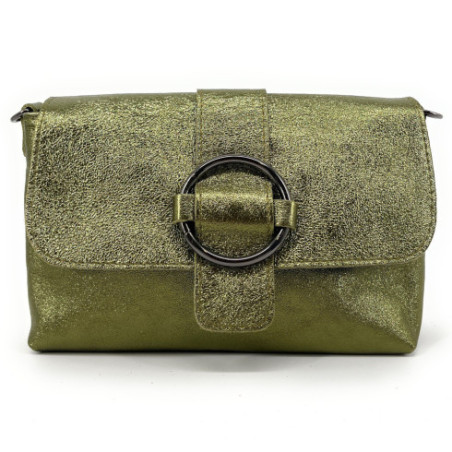 Mini sac à main tendance femme en cuir italien lisse porté épaule vert kaki irisé