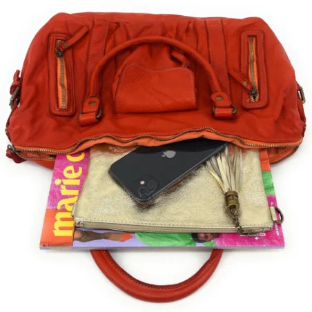 Sac femme en cuir souple vintage vachette haut de gamme porté main et épaule avec bandoulière amovible orange sac de cours