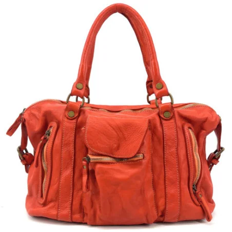 Sac femme pour la rentrée en cuir italien vintage souple haut de gamme porté main et épaule avec bandoulière amovible orange