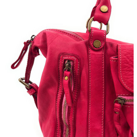 Sac en cuir femme mode vintage souple pur vachette porté épaule avec bandoulière amovible rose fuchsia sac pour la rentrée