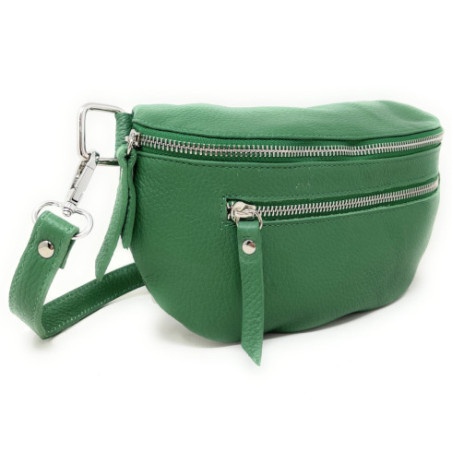 Sac banane femme tendance en cuir italien grainé porté épaule et de travers vert anglais