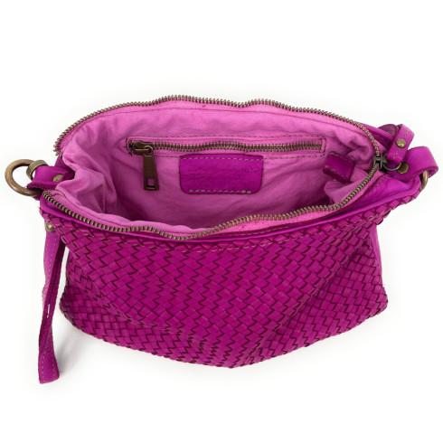 Sac femme en cuir italien tressé rose fuchsia avec dragonne et bandoulière