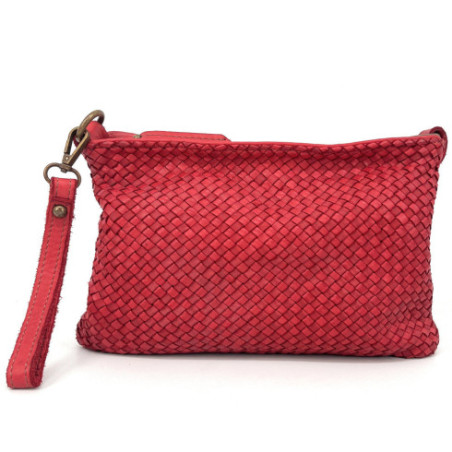 Sac à main femme en cuir souple délavé fabriqué en Italie rouge vermillon avec bandoulière et dragonne