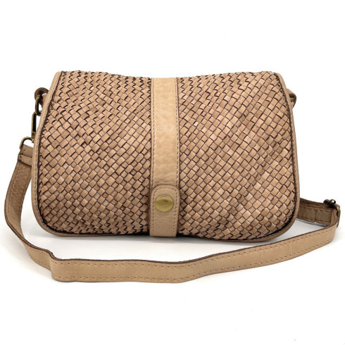 Sac à main messager femme tendance en cuir souple vintage et cuir tressé porté épaule taupe clair