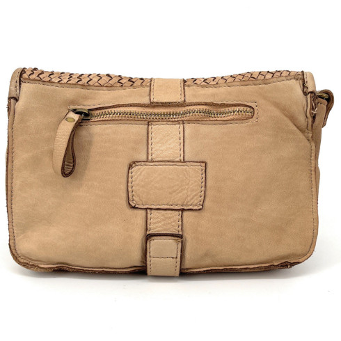 Sac messager tendance femme en cuir souple vintage italien et cuir tressé porté bandoulière taupe clair