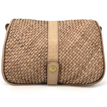 Sac à main messenger tendance femme en cuir tressé porté épaule ou bandoulière taupe clair