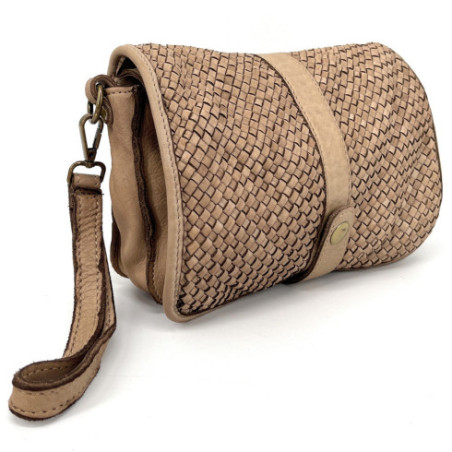Sac messager femme tendance en cuir italien tressé porté bandoulière taupe clair