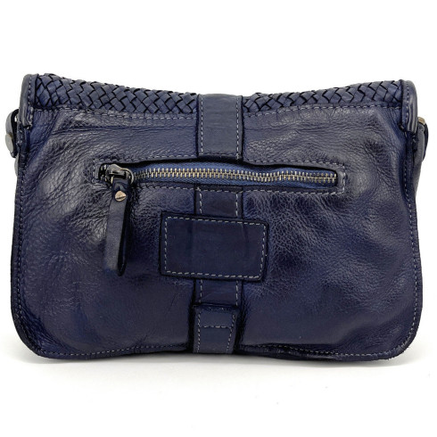 Sac à main messenger tendance femme en cuir tressé porté épaule ou bandoulière bleu profond