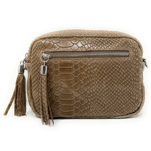 Mini sac trotteur bandoulière tendance femme en cuir imprimé serpent porté bandoulière taupe foncé