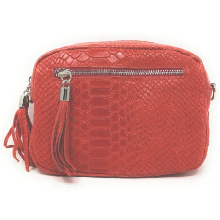 Sac trotteur tendance femme en cuir imprimé serpent porté main et épaule rouge fraise