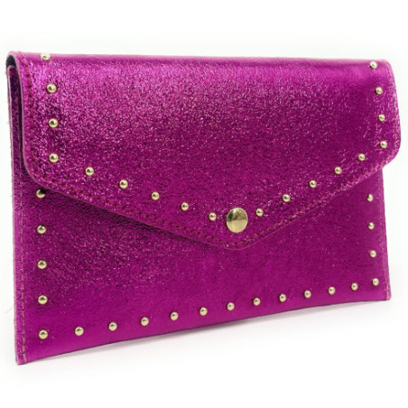 Pochette très tendance femme en cuir italien irisé porté main fuchsia irisé porte-monnaie