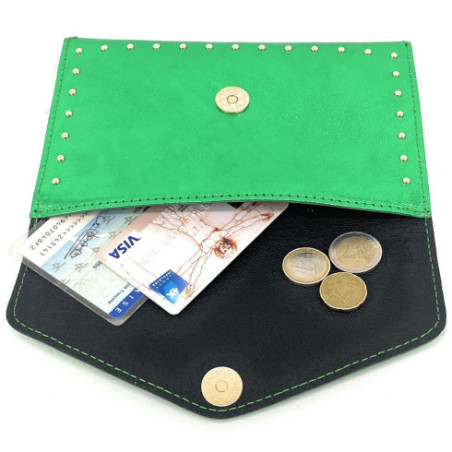 Pochette très tendance femme en cuir italien irisé porté main vert intense irisé porte-monnaie