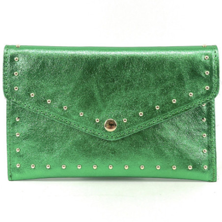 Porte-monnaie pochette tendance femme en cuir porté main vert intense irisé