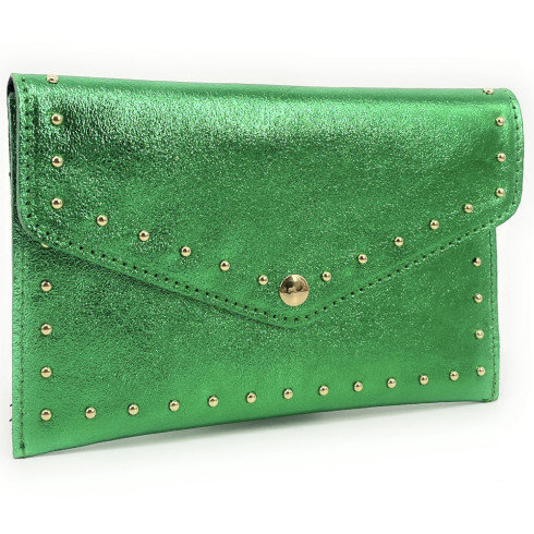 Pochette porte-monnaie femme tendance en cuir irisé porté main vert intense irisé