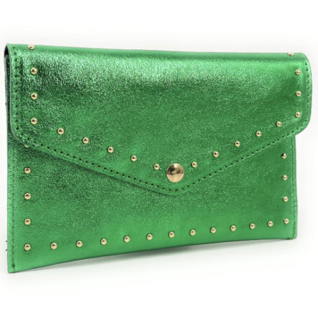 Pochette porte-monnaie femme tendance en cuir irisé porté main vert intense irisé
