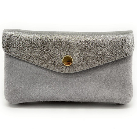 Pochette porte-monnaie femme tendance en cuir nubuck et cuir irisé porté main gris argent