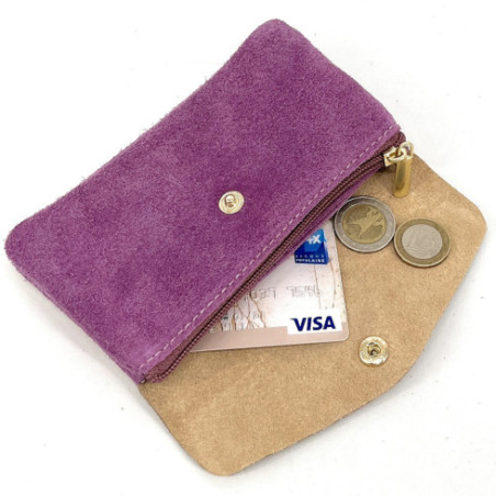 Porte-monnaie porte-cartes tendance femme en daim et cuir irisé porté main prune champagne pochette