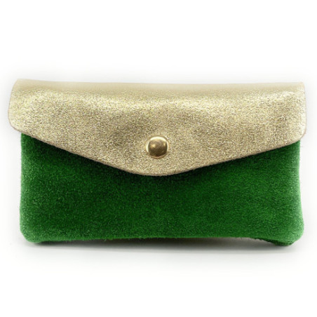 Pochette porte-monnaie tendance femme en daim et cuir irisé porté main vert intense or porte-cartes