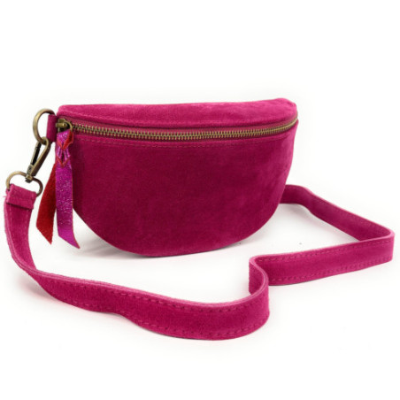 Sac banane pour femme en cuir nubuck avec bandoulière amovible rose fuchsia fabriqué en Italie