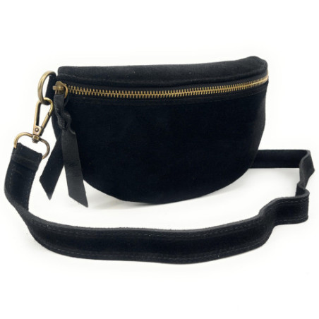 Sac banane femme en cuir nubuck noir avec bandoulière amovible fabriqué en Italie