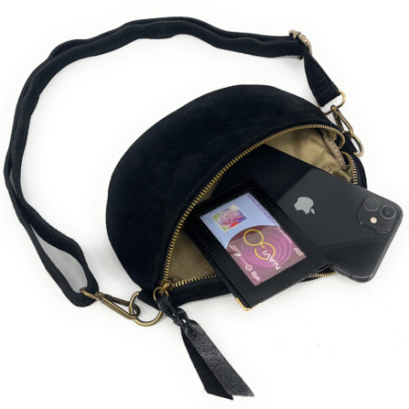 Sac femme en cuir nubuck noir forme banane avec bandoulière fabriqué en Italie