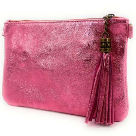 Sac pochette tendance femme en cuir italien irisé porté épaule avec bandoulière amovible rose néon irisé
