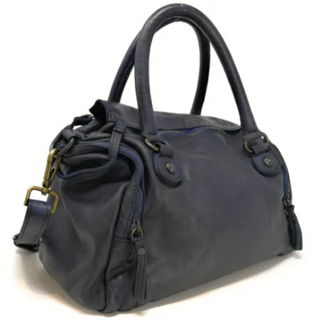Sac à main bowling en cuir pleine fleur souple délavé très chic avec bandoulière amovible et ajustabe bleu foncé
