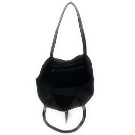 Sac shopping tendance femme en cuir grainé italien porté main noir irisé