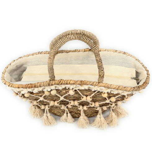 Sac cabas femme en coton paille et perles de bois porté main couleur beige