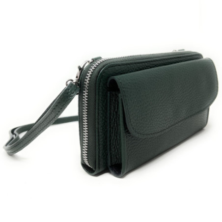 Sac pochette femme tendance en cuir grainé italien porté main et de travers vert sapin