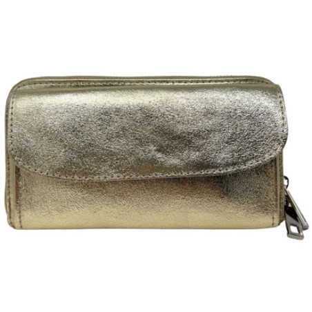Sac portefeuille femme tendance en cuir grainé porté main bandoulière et de travers or pale