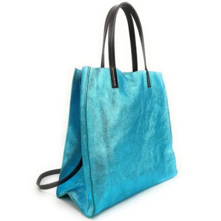 Sac à main tendance femme en cuir métallisé porté épaule avec bandoulière amovible bleu turquoise irisé