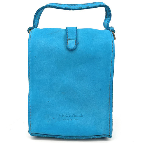 Petite pochette pour femme en cuir souple vintage pur de vachette avec bandoulière bleu turquoise