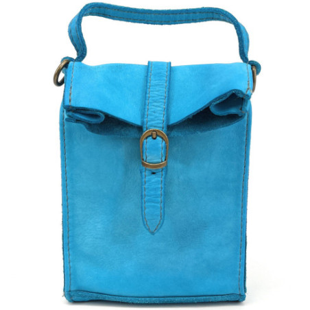 Mini-sac pochette à bandoulière en cuir vintage pur de vachette bleu turquoise