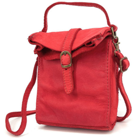 Pochette à bandoulière en cuir femme souple délavé pur de vachette rouge vermillon