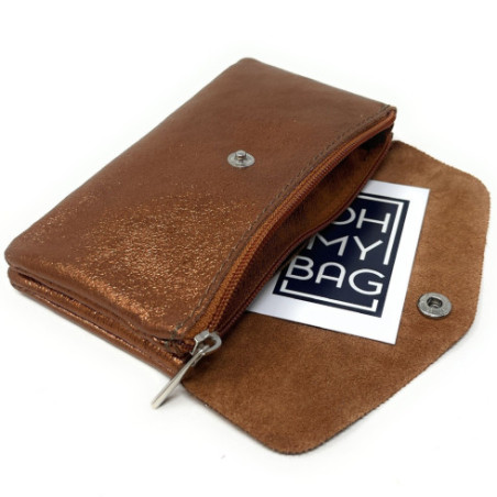 Micro sac porte-monnaie pochette femme couleur bronze en cuir irisé pur de vachette