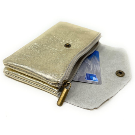 Porte-monnaie pochette cuir métallisé femme pur de vachette fabriqué en Italie haut de gamme or pale