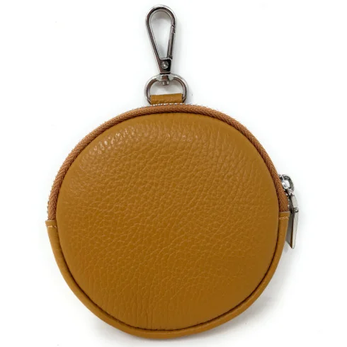 Porte-monnaie femme tendance en cuir grainé italien porté main avec mousqueton taupe foncé