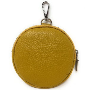 Porte-clés tendance femme en cuir italien grainé porté main avec mousqueton jaune moutarde porte-monnaie