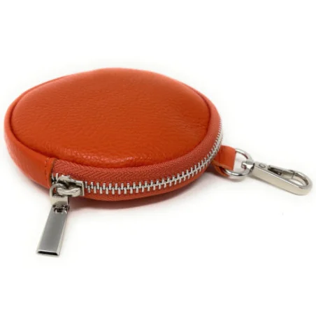 Porte carte porte-monnaie mode femme en cuir italien grainé porté main orange porte clés