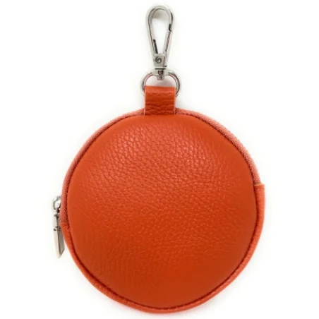Porte clés porte carte tendance femme en cuir grainé porté main avec mousqueton orange porte-monnaie